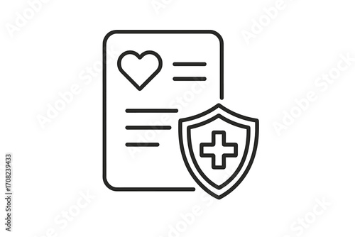 Minimalistic health insurance icon with heart and medical shield, linear vector symbol for web design, apps, banners, social media, and healthcare graphics