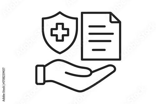 Health insurance concept vector linear icon, minimalistic hand holding document and shield with cross symbol, medical protection illustration for web design, apps, banners, social media, cards