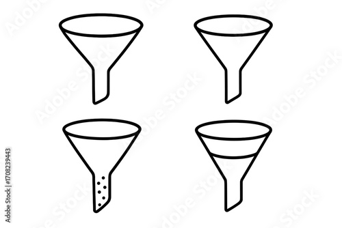 Sales funnel vector line icon set. Business marketing concept. Lead generation, data filtering, and customer conversion process symbol. Simple workflow analysis illustration.