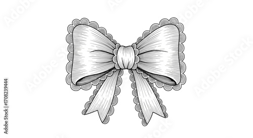 An intricately detailed illustration of a decorative ribbon bow with ruffled edges and elegant draping.