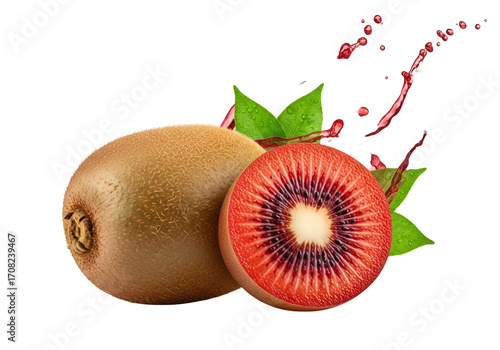 Vibrant red and golden kiwi fruit slices, highlighted by splashing juice and vibrant foliage, present a visually appealing composition against a striking black background.