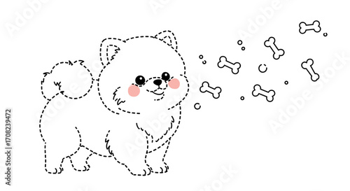 A cute fluffy white dog with rosy cheeks is happy to catch treats.