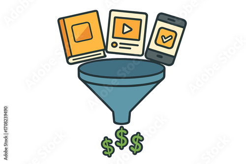 Sales funnel with book, video and app for content monetization. Marketing conversion process. Lead generation into money. Business profit and sales strategy concept vector.