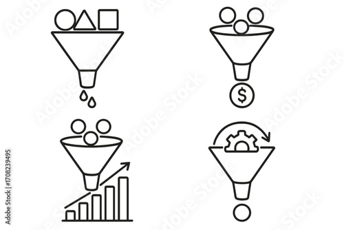 Sales funnel icon set. Marketing conversion, lead generation, and data filtering concepts. Business process optimization, growth chart, and monetization symbols. Vector outline.