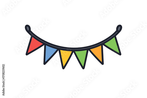 Colorful party garland icon for celebration graphics. Vector cartoon illustration of bunting flags for birthday, festival, and carnival decoration. Festive pennant design element.