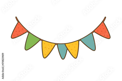 Colorful party bunting flags garland vector illustration. Celebration, birthday, holiday decoration design element. Isolated festive pennant symbol for web, cards, apps, decor.