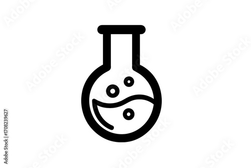 Minimalistic laboratory flask icon with liquid and bubbles, science chemistry concept, vector cartoon illustration for web, apps, banners, social media, graphic design cards