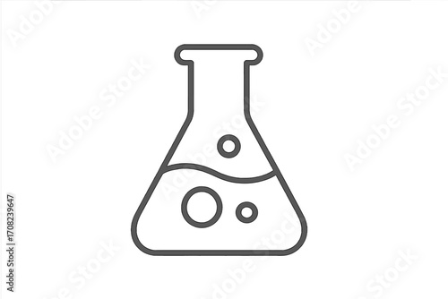 Laboratory flask minimalistic thin outline icon with liquid and bubbles, science chemical experiment symbol for web design, app, banner, social media, and card vector illustration