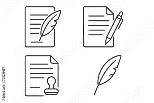 Document and writing icon set. Line icons of contract, agreement, and paperwork. Features quill pen for history, pen for signature, and stamp for notary or approval.