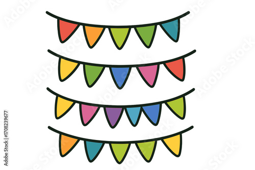 Festive party garland set. Colorful hanging triangle flags for birthday celebration, carnival, holiday decoration. Bunting banner vector cartoon illustration collection isolated.