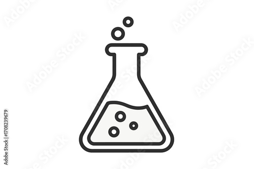 Laboratory flask icon minimalistic design with bubbling liquid, chemistry experiment symbol, science research, chemical reaction vector illustration for web, apps, banners, social media, cards