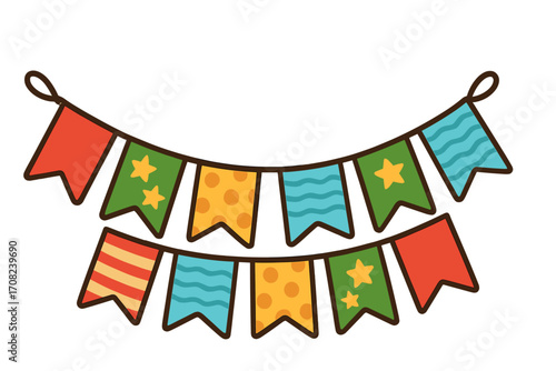 Colorful party bunting flags garland. Vector illustration for birthday celebration, festival or carnival decoration. Hanging festive pennants for holiday design element.