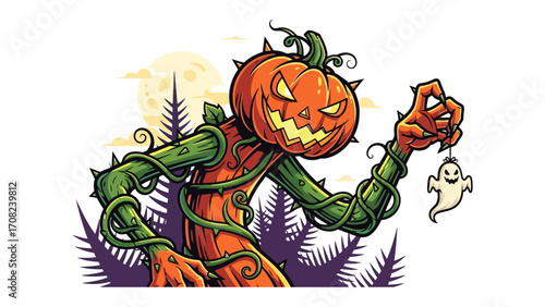Halloween Pumpkin Character with Ghost: An artistic portrayal of a Halloween-themed character, featuring a carved pumpkin head and a ghost, set against a backdrop of a mystical moonlit night.