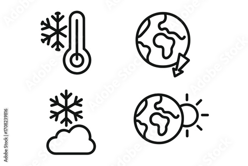 Weather and climate change icon set. Global warming and cooling concept. Thermometer, snow, sun, and earth symbols. Meteorology and environment vector line icons.