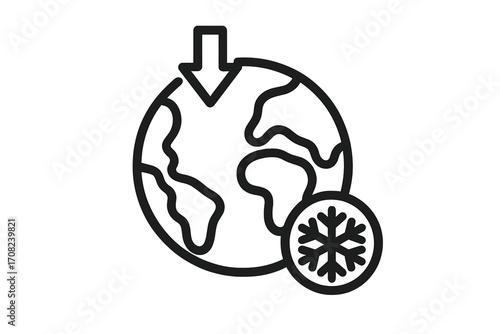 Global cooling concept icon. Climate change metaphor. Planet earth freezing. Ice age period symbol. Winter season sign. Low temperature weather. Snowflake icon. Vector line art.