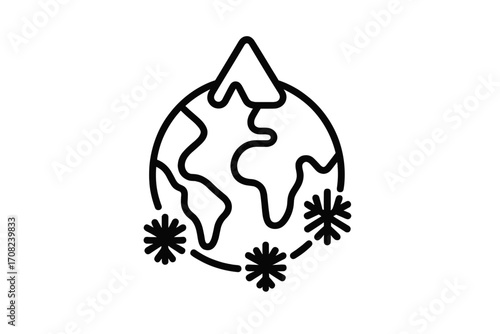 Global cooling concept icon. Ice age metaphor with planet Earth, mountain and snowflakes. Climate change symbol. World freezing, winter season linear pictogram for web design.