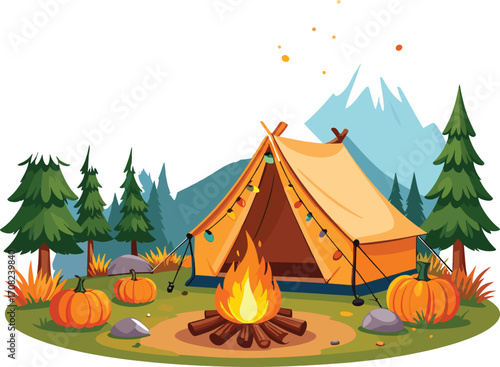 Cartoon Campsite with Campfire, Mountains, and Autumn Décor Vector