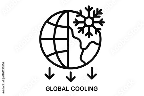 Global cooling vector icon. Planet Earth freezing, concept for an ice age. Climate change metaphor. World temperature drop symbol with snowflake. Cold weather outline illustration.