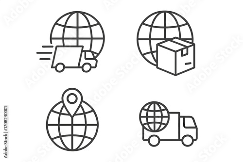Global delivery and international shipping icon set. Worldwide logistics, freight transportation, and cargo distribution concept. Outline symbols for tracking and e-commerce.