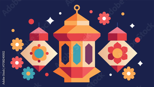 Traditional islamic lanterns and flowers festive illustration vector art