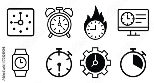Collation of different typs clock icon set. Set of black clock, stopwatch, timer, watch icon. Time and clock thin line and silhouette style icon. Vector illustration.