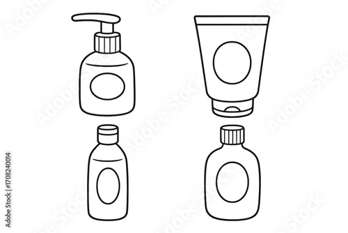 Line art set of cosmetic bottles and containers for skincare, beauty, lotion, shampoo, and cream packaging design, vector illustration for graphics and app icons