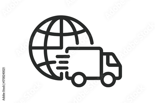 Global delivery, international shipping icon. Truck with globe for worldwide logistics and fast transport service. E-commerce distribution vector for web, apps, business.