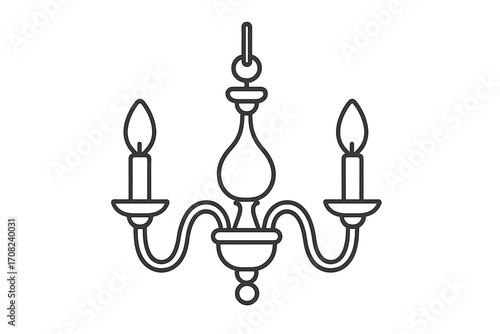 Elegant linear chandelier vector illustration with two candle lights, classic decorative lamp design, minimalist cartoon style, transparent background, vintage home decor lighting
