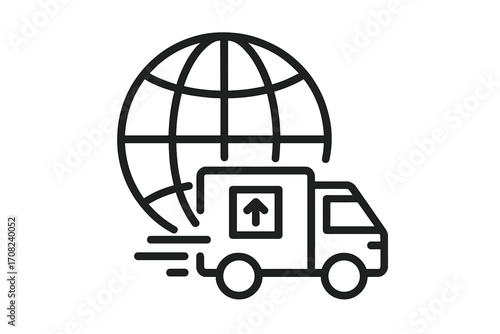 Global delivery icon for international shipping and worldwide logistics. Fast express transport service by truck. E-commerce freight and cargo distribution concept vector.