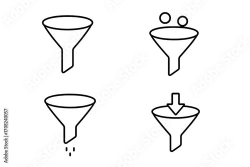 Linear vector set of funnel icons for graphics and application concepts, cartoon style illustration with transparent background, user interface design elements, data filtering symbols