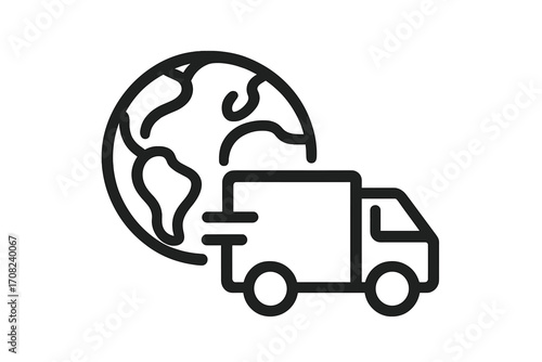 Global delivery icon with truck and globe. Worldwide shipping, international logistics concept. Freight transport and cargo distribution symbol for e-commerce, web, and apps.