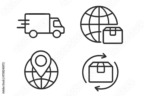 Global delivery and logistics icon set. E-commerce shipping symbols for web design. International freight, package tracking, fast truck, and return service icons.
