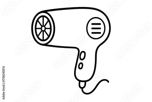 Linear vector hair dryer illustration for graphics design and applications, cartoon style transparent background, personal care appliance, beauty salon equipment, electric hair tool