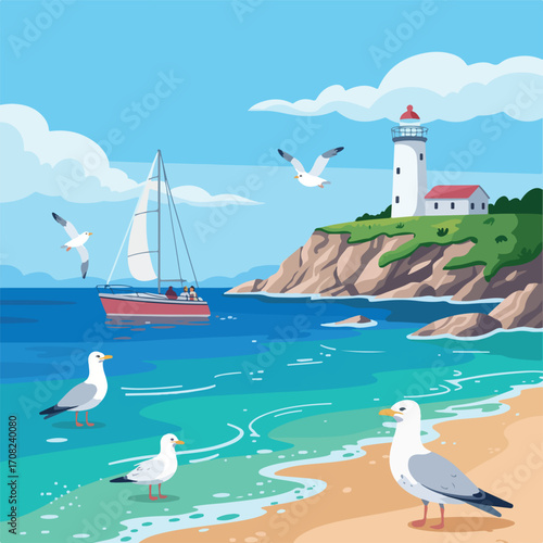A lone lighthouse stands on a rugged coastline, its tower casting a beacon of light over the turbulent ocean