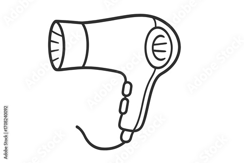 Vector linear illustration of hair dryer for graphics and apps, cartoon style electric blow dryer with power buttons and cord, household appliance, beauty tool, transparent background