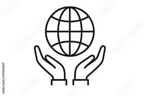 Hands holding globe vector icon. Planet earth care, protection concept. Save the world. Global support, unity, charity, environmental sustainability. International community.