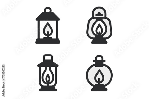 Minimalist lantern icons set with flame designs, vintage camping and rustic light sources, outlined vector for web, graphic design, app, banner, social media, and card use