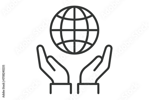 Hands holding globe icon. World in hands concept. Save the planet metaphor. Environment protection, global care, support, and community symbol. Vector outline illustration.