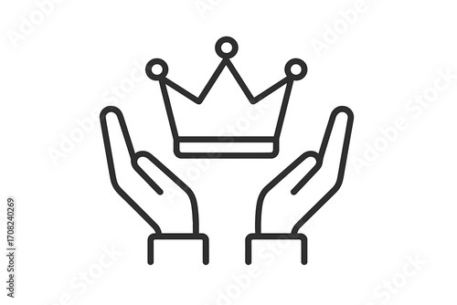 Hands holding crown line art vector illustration, simple linear style editable stroke, symbol of royalty, protection, power, leadership, success concept for web, apps, books, cards