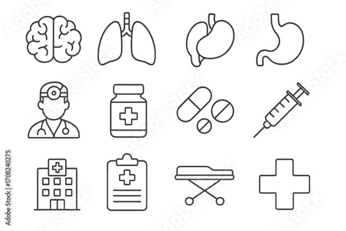 Medical and healthcare thin line icon set. Simple outline icons for hospital and clinic. Includes doctor, organs, brain, lungs, pills, syringe, and pharmacy symbols. Vector.