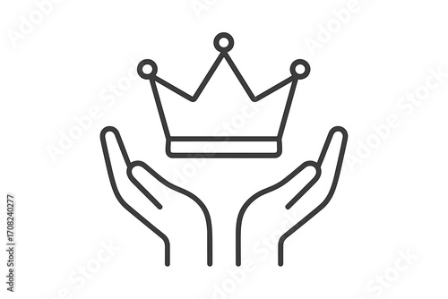 Crown and open hands outline icon. Royalty symbol, leadership, protection, care, achievement, honor, success concept. Editable stroke vector illustration for web, apps, and print.