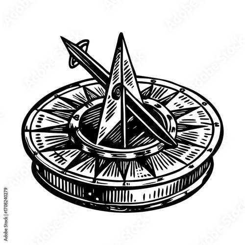 A vintage style illustration showing engraved sundial