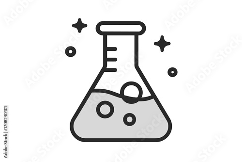Science lab Erlenmeyer flask icon. Chemistry experiment, research discovery concept. Potion, alchemy magic symbol. Vector cartoon illustration for design, web, social networks.