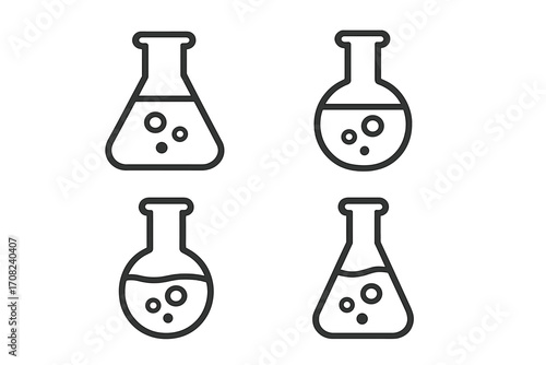 Set of laboratory flask and beaker icons. Chemistry lab equipment symbol. Science, experiment, and research concept. Chemical reaction with liquid and bubbles vector line art.