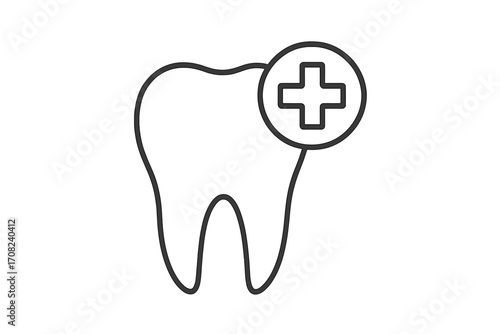 Medical cross dental health icon with thin line tooth illustration, vector cartoon style for web, apps, books, cards, transparent background, healthcare design concept