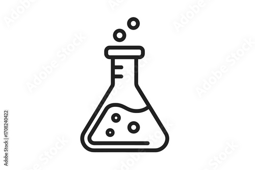 Laboratory flask icon, chemistry experiment concept. Bubbling liquid in beaker. Science research, chemical reaction, potion symbol. Vector outline illustration for lab design.