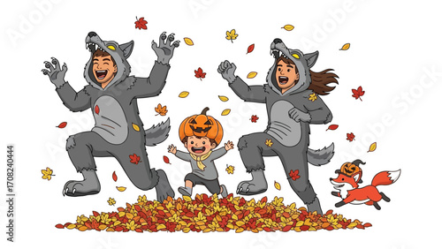 Halloween Celebration: A family joyfully revels in the spirit of Halloween. Sporting playful wolf and pumpkin costumes, amidst a flurry of autumn leaves.
