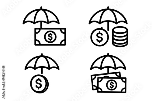 Money insurance line icon collection, financial protection and savings under umbrella, safe currency symbols, coin and banknote security concept, vector outline graphic for web and app design