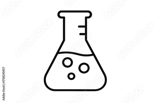 Laboratory flask line icon. Chemistry lab equipment. Science, experiment, research symbol. Chemical analysis concept. Glass beaker with liquid, bubbles. Vector illustration.
