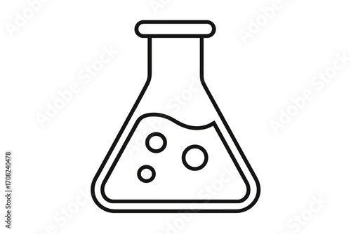Vector outline icon of laboratory flask with bubbling liquid. Erlenmeyer flask for chemistry, science, research, experiment concepts. Simple chemical glassware illustration.